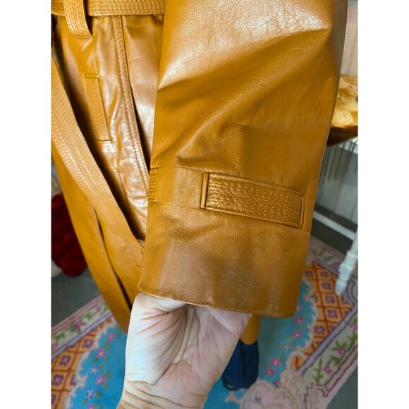 vintage 1970s leather trench coat 70s tie waist mod basketweave butterfly collar - Picture 7 of 12